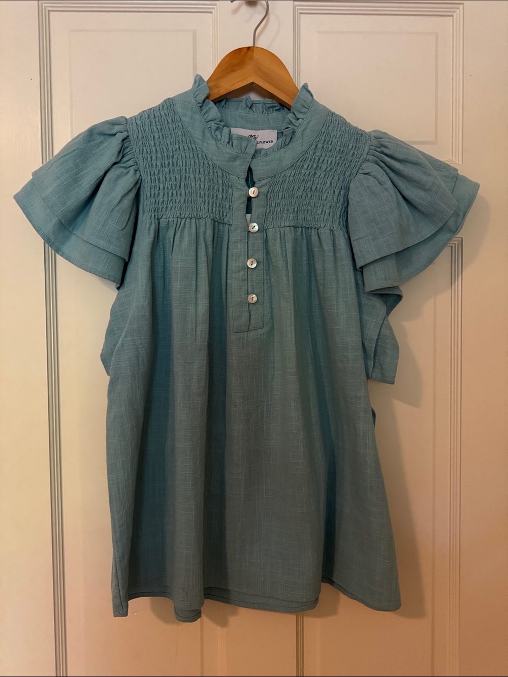 NEW Never a Wallflower Cameo Blue Smocked Top
